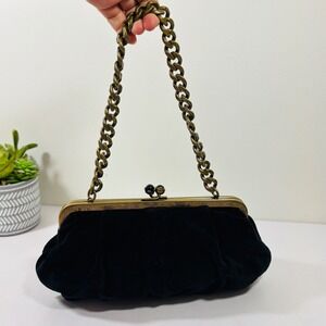 J. Crew Black Velvet Purse/Clutch With Gold Shoulder Chain Evening Small Bag